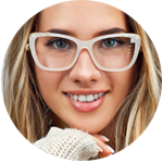 Blonde haired woman wearing her white frame glasses